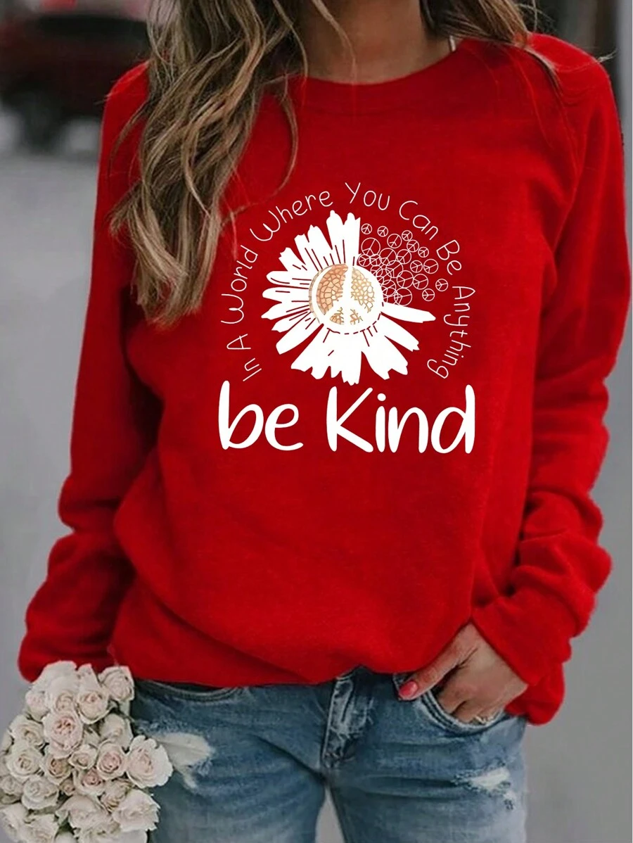 SHEIN LUNE Plus Size Women'S Floral Print Round Neck Sweatshirt - Red - View 1