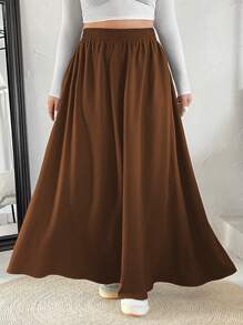 SHEIN EZwear Plus Size Elastic Waist Super A-Line Skirt - Brown - View 4