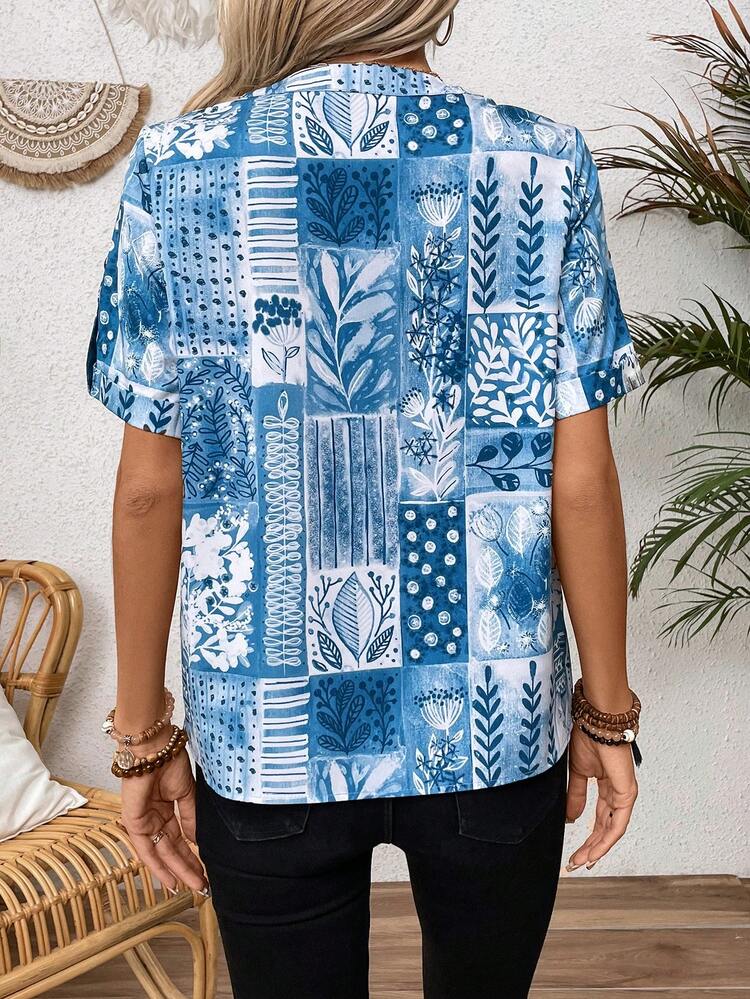 Full Print Notch Neck Blouse