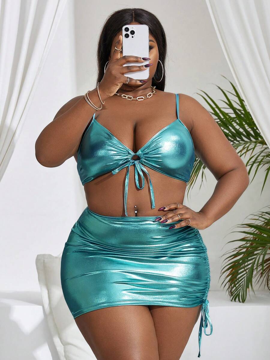 SHEIN Swim Curve Bộ bikini ánh kim cỡ lớn đi biển mùa hè (3 chiếc) - Màu xanh nhạt - Xem 1