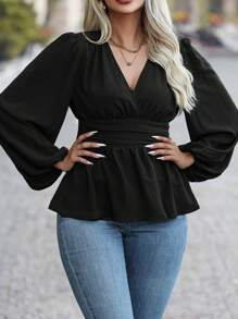 Vionelle Plus Surplice Neck Lantern Sleeve Ruched Waist Peplum Top Peplum Top Fall Cloth For Women - Black - View 6