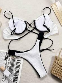 Swim SXY 女士撞色边缘纹理分体泳衣，带钢圈，无聚拢衬垫，两件套泳衣 - 黑與白 - 查看 2