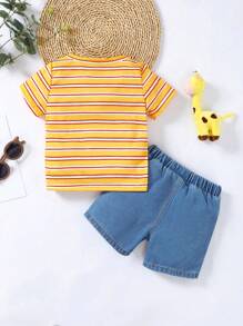 Baby Boy Striped Cartoon Giraffe T-Shirt+Printed Denim Shorts - Multicolor - View 2