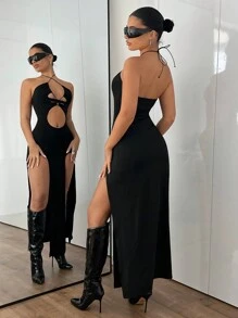 SHEIN ICON Đầm bodycon hở lưng buộc eo xẻ cao màu đen cho nữ, Đầm mùa hè cho nữ - màu đen - Xem 3