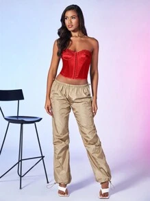 SHEIN BAE Lace Patchwork Women's Bustier Top With Button Fastening - Red - View 4
