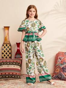 SHEIN 少女寬鬆可愛假期花卉圓領襯衫和褲子套裝 - 綠色 - 查看 4