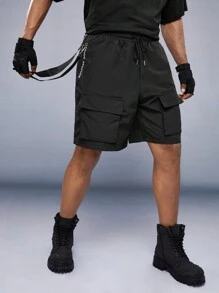 Manfinity VCAY Loose Men's Drawstring Waist Cargo Shorts With Flap Pocket And Tape Decoration - Black - View 5