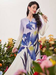 Mulvari Damen Gradient Blumen Muster Kleid Mit Kerb Kragen