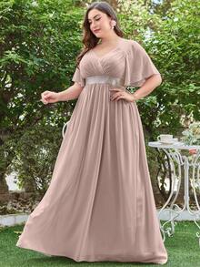 UNITHORSE Plus Size Women's Bridesmaid Chiffon Dress With Ruched Chest And Flare Sleeve - Baby Pink - View 6