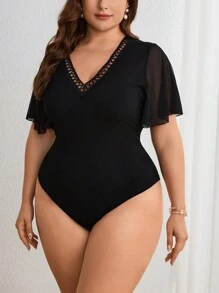 Firerie Kích thước lớn Lưới Nối Ngắn tay Áo liền quần chặt - màu đen - Xem 4