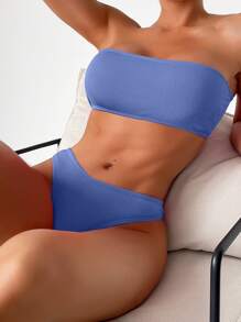 Swim Mod Summer Beach Women's Solid Color Bandeau Bikini Set With Ribbed Texture - Blue - View 3
