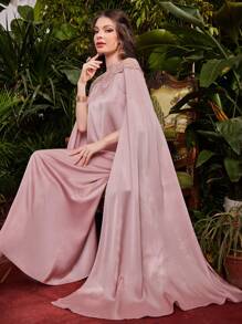 Al Najma 女款拼接花卉刺繡網眼薄紗長款土耳其束腰外衣,配有縫隙袖子 - 粉色 - 查看 6