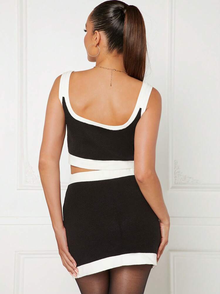 Women's Color Contrast Knitted Top And Skirt Set