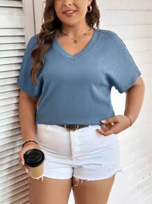 SHEIN LUNE Plus Size Women's Solid Color V-Neck Short Sleeve T-Shirt