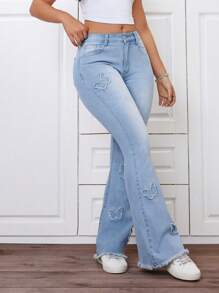 SHEIN ICON Butterfly Patch Flared Jeans - Light Wash - View 2