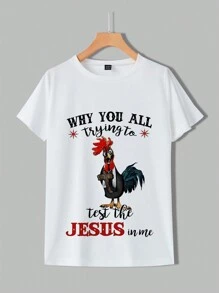 SHEIN LUNE Của phụ nữ Vui In con gà trống Áo thun Với Slogan - trắng - Xem 3