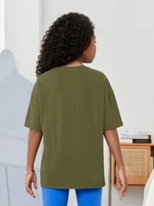 SHEIN Cô gái Tween Giải trí Đan Ngắn tay Áo thun Với In Slogan - xanh quân đội - Xem 2