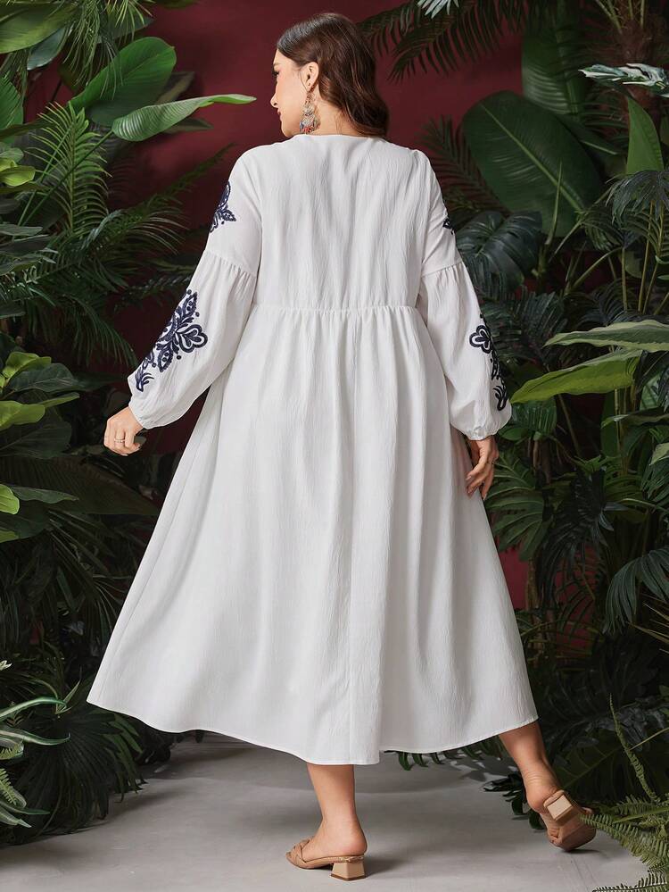 Plus Size Lantern Sleeve Embroidered Dress With Knotted Mandarin Collar Detail