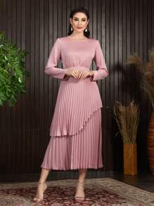 Modelyn Round Neck Long Sleeve Double Layer Pleated Hem Dress Long Evening Dresses - Pink - View 8