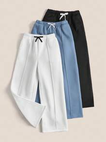 SHEIN Leap Crew 3 cái/bộ Cô gái Tween Phong cách đường phố Đan Màu thuần Thẳng quần ống rộng Quần thể thao - Màu xanh nhạt - Xem 4