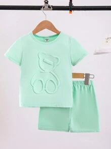 女童卡通熊壓花短袖t恤與短褲套裝 - 綠色 - 查看 1