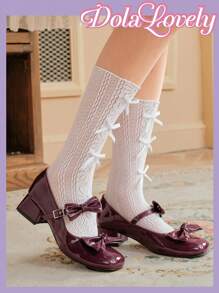 Dola Lovely 女裝漆皮鞋,圓頭粗跟高跟鞋,心形蝴蝶口音,低幫瑪莉珍風格,時尚 - 紫紅色 - 查看 5