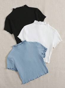 SHEIN EZwear Women T-Shirts Lettuce Trim Rib-Knit Plain Casual - Dusty Blue - View 3
