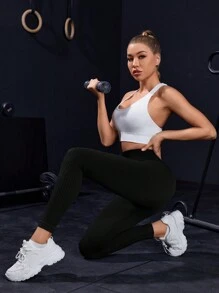 Yoga Basic 女士無縫高腰彈力運動緊身褲 - 黑色 - 查看 3