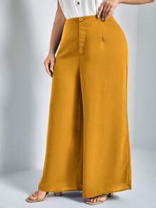 SHEIN Essnce Plus Size Solid Color Wide Leg Casual Pants - Yellow - View 5
