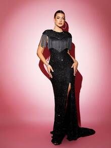 LOVE&LEMONADE 流蘇邊高衩亮片正式洋裝 - 黑色 - 查看 4