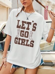 INAWLY Letter Printed Drop Shoulder Short Sleeve T-Shirt - White - View 5