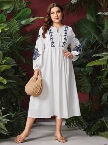 Mulvari Vestido De Talla Grande Bordado Con Detalle De Cuello Mandarín Anudado Y Mangas De Linterna