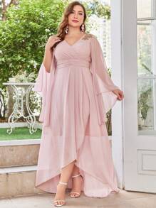 Plus Size Embroidered One Shoulder Flare Sleeve Chiffon Dress For Formal Occasions - Pink - View 5