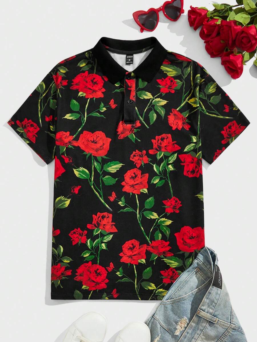 GENTILAND Men's Rose Printed Casual Shirt - Black - View 1