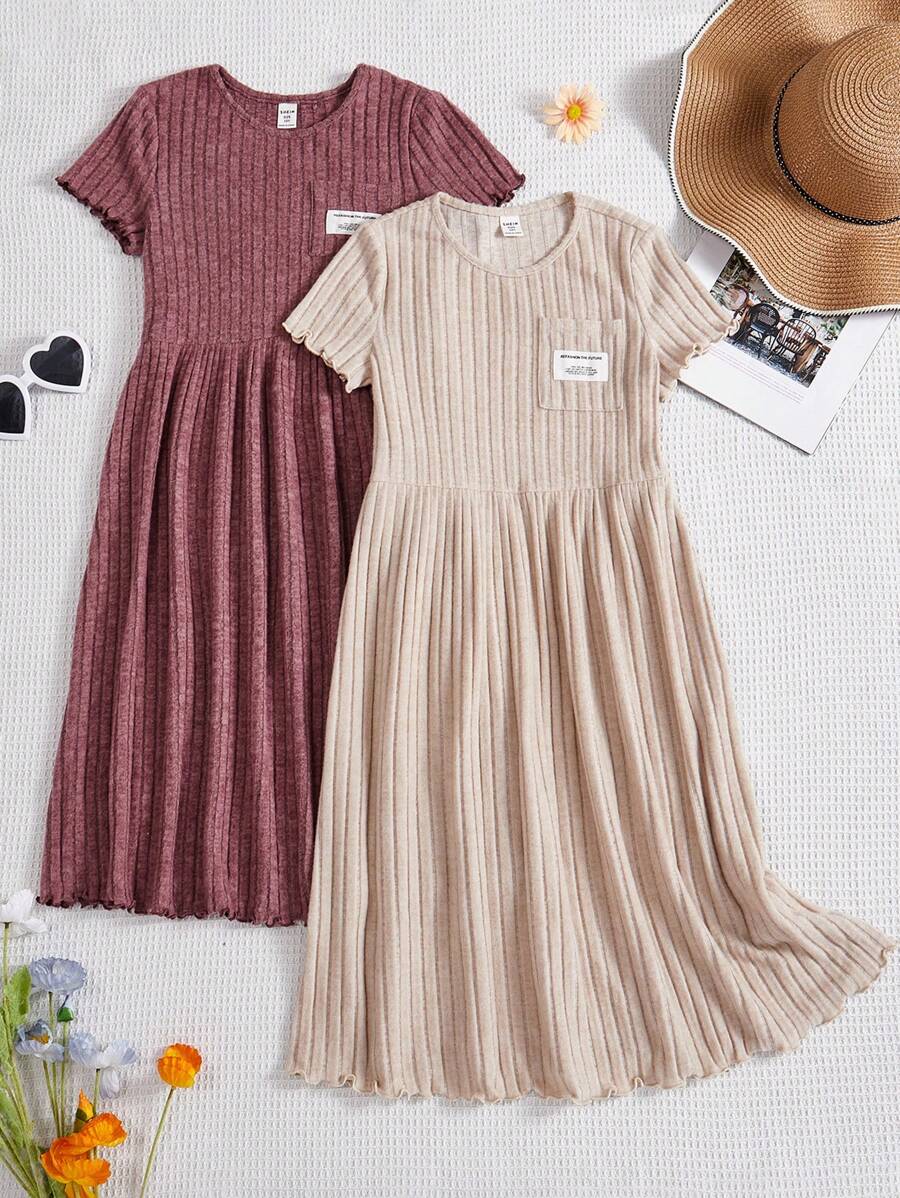 SHEIN 多件式休閒格紋細節圓領洋裝適合青少年女孩 - 彩色 - 查看 1