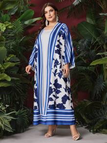 Mulvari Floral & Striped Pattern Plus Size Abaya With Long Sleeves + Sleeveless Dress (2pcs/Set) Fall Cloth For Women - Multicolor - View 4