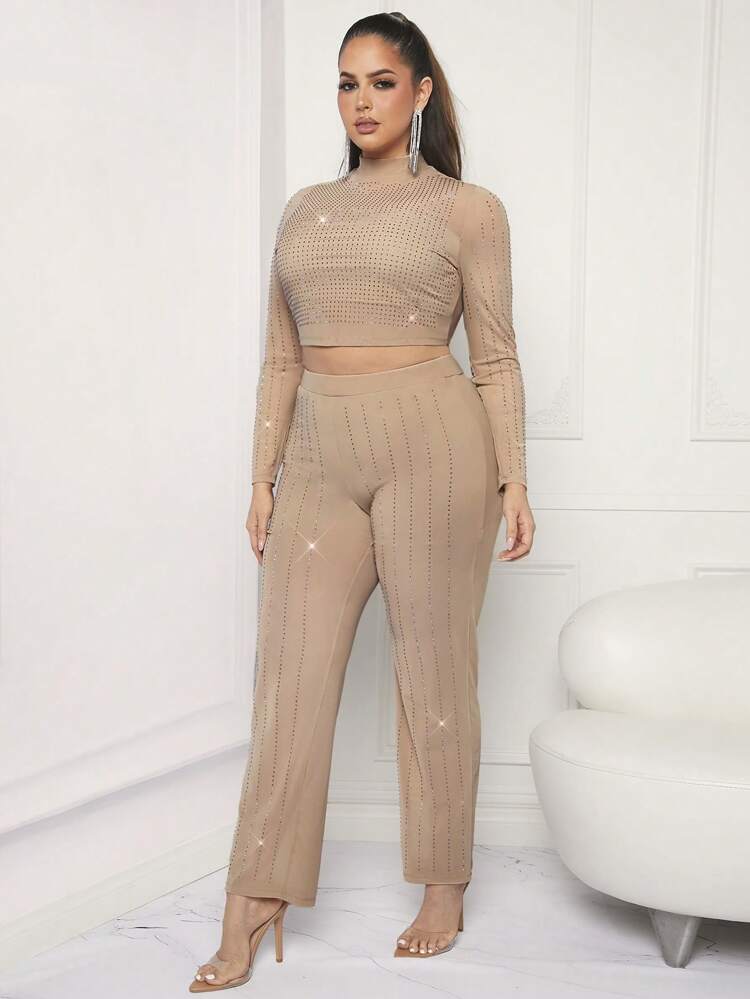 Plus Size Embroidery & Rhinestone Decor Mesh Two Piece Set See-Through Mesh Crop Top With Hot Drilling Spring Summer Women Clothes Bachelorette Party Spring Break Birthday Outfit Sexy Outfits