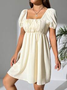 SHEIN PETITE 女士短袖後縮連衣裙 - 米色 - 查看 4