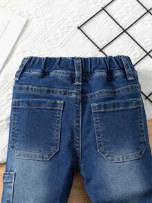 Baby Boys' Elastic Cuffed Stretch Denim Jeans With Dinosaur Embroidery, Light Blue Wash - Keskipesu - Näytä 5