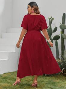 SHEIN VCAY Plus Size Solid Color Waist-Cinched Dress - Burgundy - View 2