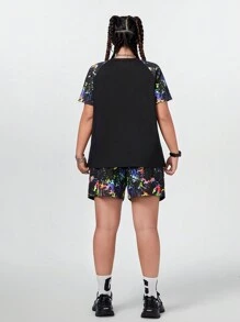 SHEIN Coolane 女士大尺碼彩色油漆潑濺圖案 T 恤和短褲套裝 - 彩色 - 查看 2