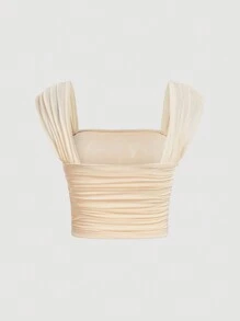 SHEIN MOD 纯色褶皱方领吊带背心 - 杏色 - 查看 2