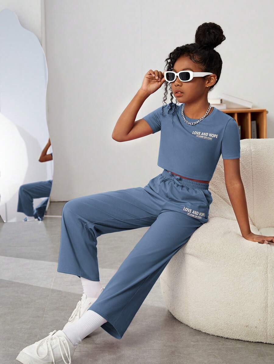 SHEIN 少女連身套裝：針織字母印花短袖上衣+寬鬆運動長褲套裝 - 霧霾藍 - 查看 1