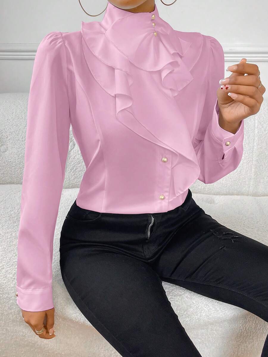 SHEIN Privé Women's Ruffle Trim Decorated Long Sleeve Shirt - Pink - View 1