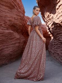 LOVE&LEMONADE Pailletten Ballonärmel Formelles Kleid - Braun - Übersicht 3