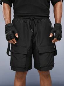 Manfinity VCAY Loose Men's Drawstring Waist Cargo Shorts With Flap Pocket And Tape Decoration - Black - View 6