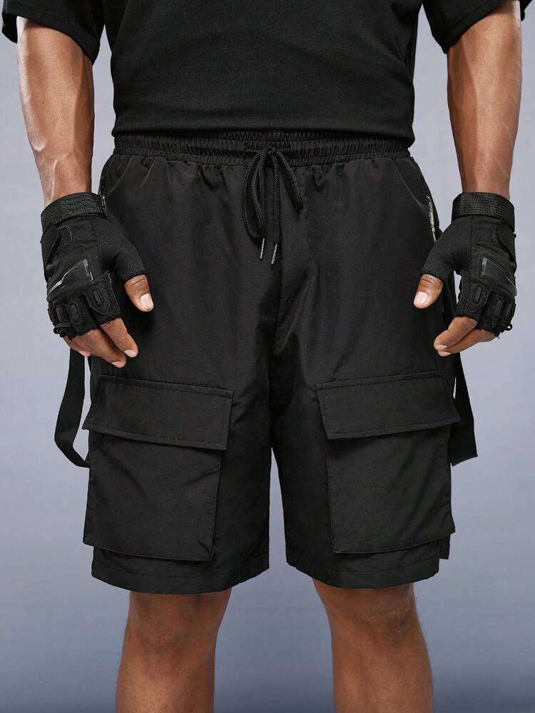 Loose Men's Drawstring Waist Cargo Shorts With Flap Pocket And Tape Decoration