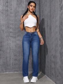 SHEIN EZwear Jeans De Pierna Recta Lavados Para Mujer