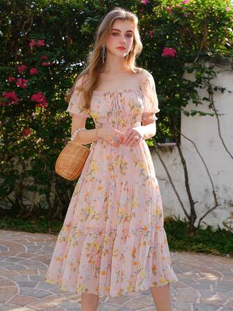 Vestido casual con manga corta fruncida y estampado floral para mujer