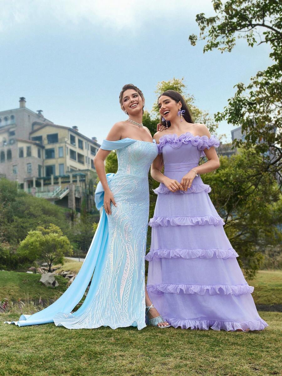 SHEIN Belle Vestido De Noche Sedoso De Mujer Con Hombros Descubiertos, Adorno De Volantes De Capas Múltiples Con Lentejuelas - Púrpura malva - Ver 1